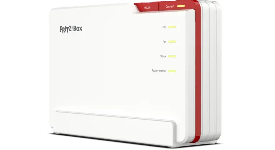 Biały router FRITZ!Box z czerwonymi akcentami, z zapalonymi diodami sygnalizującymi status, w tym qos.