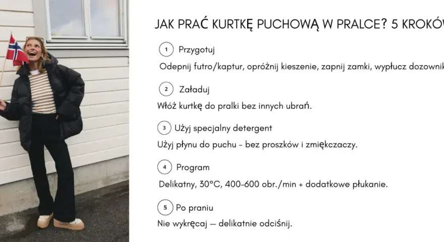 Kobieta w czarnej kurtce puchowej z flagą Norwegii. Obok instrukcja: jak prać kurtkę puchową w pralce.