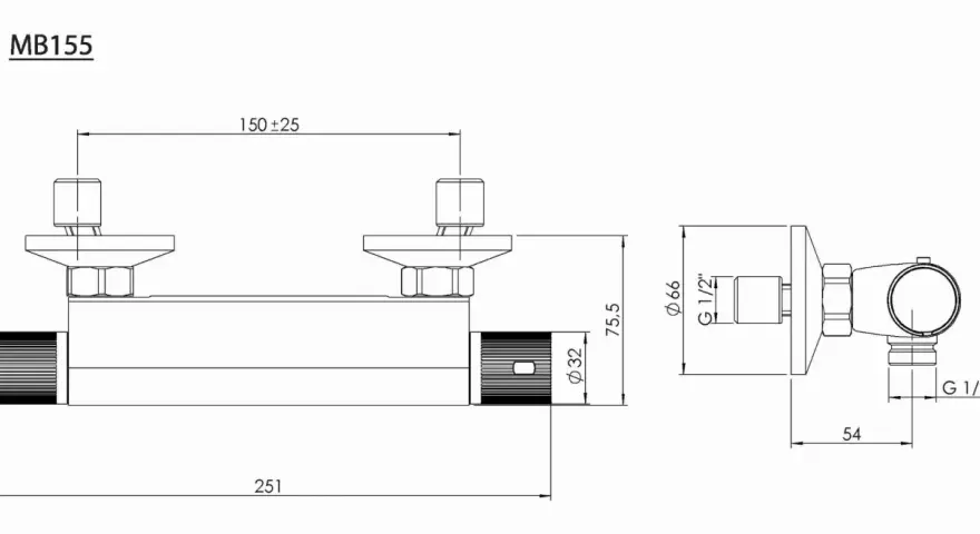 Schemat baterii prysznicowej MB155. Pokazuje rozstaw baterii prysznicowej 150 mm, wymiary przyłączeń G 1/2" i średnicę 66 mm.