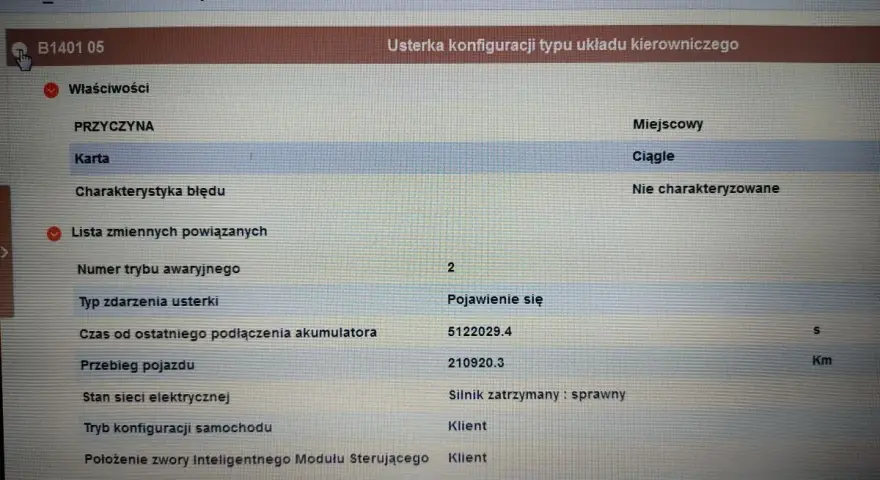 Błąd dtc b1401 renault: usterka konfiguracji układu kierowniczego. Przyczyna: karta, ciągłe. Silnik zatrzymany, sprawny.