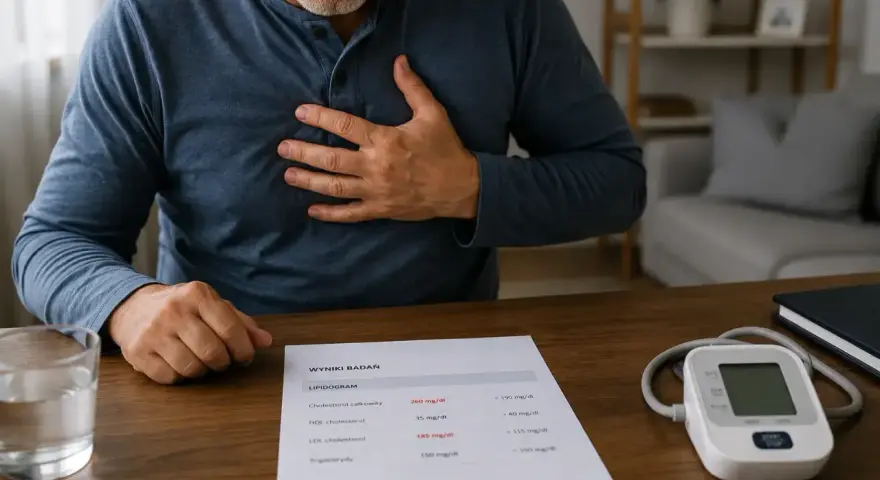 Mężczyzna z ręką na klatce piersiowej patrzy na wyniki lipidogramu, gdzie widać podwyższony cholesterol. Może to być sygnał do rozważenia suplementu Suvardio Plus.