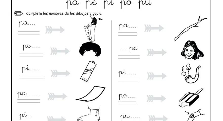 Fichas letra p: une sílabas con dibujos. Incluye "pa", "pe", "pi", "po", "pu".