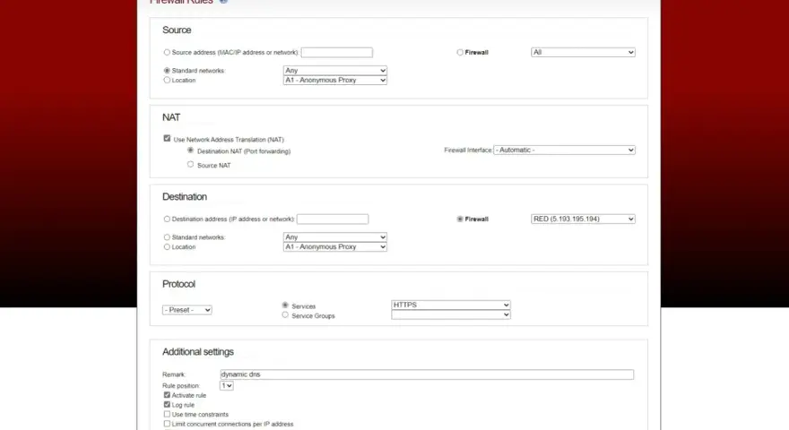Firewall rules configuration screen showing NAT settings, destination, and protocol options. This interface allows users to manage dynatrace ports and network traffic.