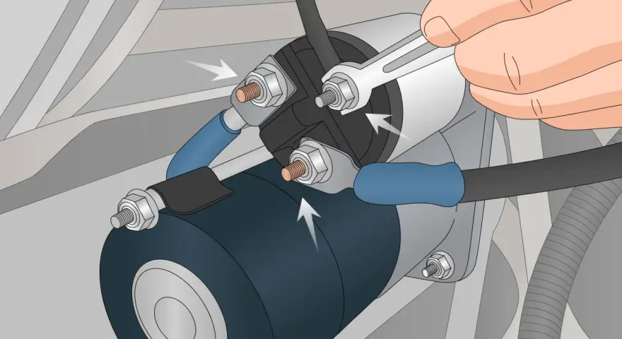 A hand uses a wrench to tighten a bolt on a car's starter solenoid. This could be a fix for bad solenoid symptoms like clicking sounds or a no-start condition.