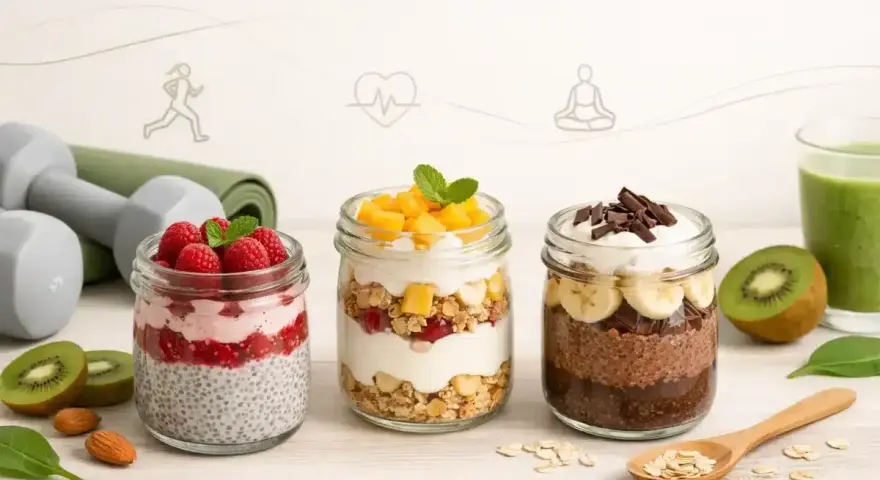 Trzy pyszne fit desery w słoiczkach: z malinami, mango i czekoladą. Idealne na zdrowy początek dnia lub po treningu.