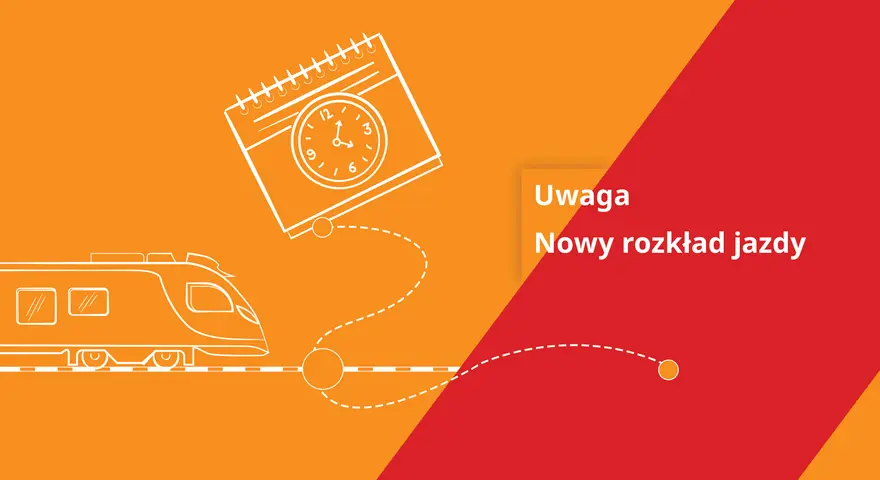 Uwaga! Nowy rozkład jazdy PKP na trasie Warszawa Olsztyn. Pociąg i kalendarz z zegarem symbolizują zmianę.