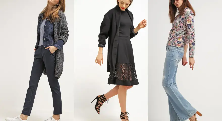 Trzy kobiety w modnych stylizacjach. Jedna w granatowych spodniach i jeansowej kurtce, druga w czarnej sukience z koronkowym dołem, trzecia w dzwonach i kolorowej bluzce. Wzór na bluzce przypomina karo.