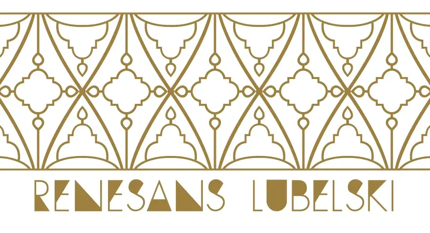 Złoty ornament z motywami inspirowanymi lubelskimi wzorami ludowymi, z napisem "RENESANS LUBELSKI".