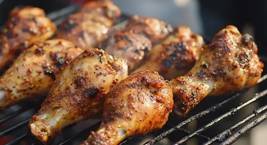 Grillade kycklingklubbor med kryddig jerk chicken-marinad som ryker över glöden.