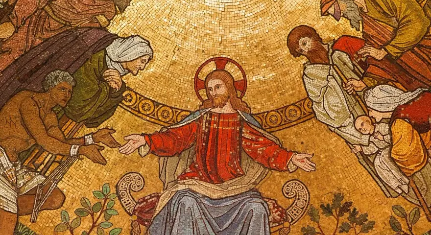 Jezus w otoczeniu ludzi, w tym niewierny Tomasz, który wyciąga rękę do jego boku.