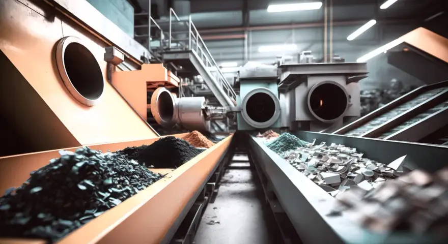Linia produkcyjna przetwarza surowce, przygotowując je do tworzenia tworzyw chemoutwardzalnych. Widać tam różne rodzaje proszków i fragmentów materiałów.