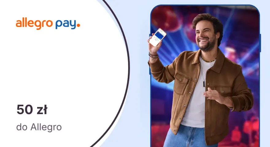 Radosny mężczyzna prezentuje telefon z aplikacją Allegro Pay, obiecując 50 zł do wykorzystania na zakupy.