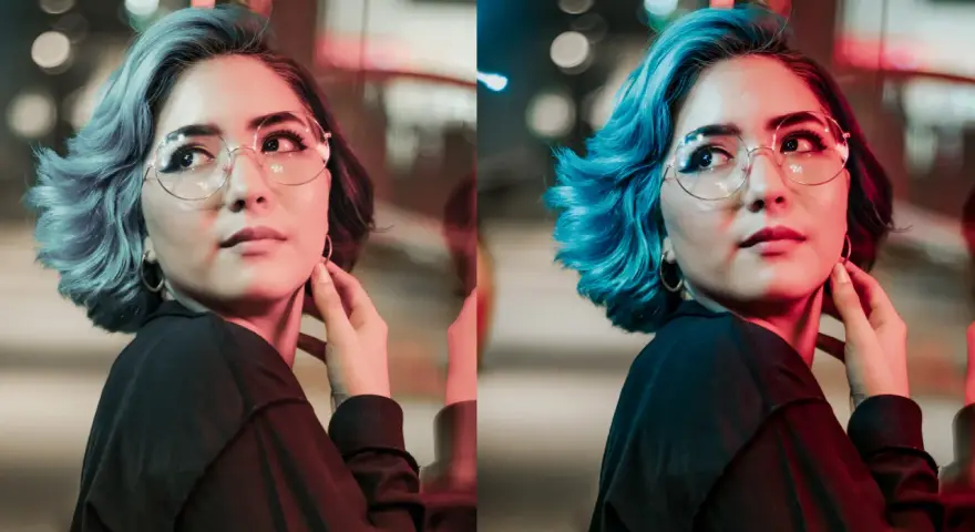 Avant/après : comment retoucher des photos pour faire ressortir le bleu électrique des cheveux d'une jeune femme aux lunettes rondes.
