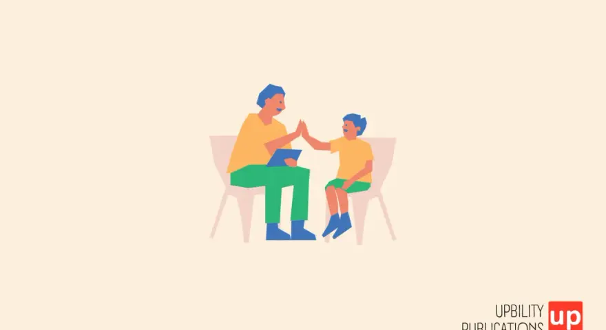 Un terapista ABA incoraggia un bambino con un "cinque". Insieme lavorano per raggiungere obiettivi.