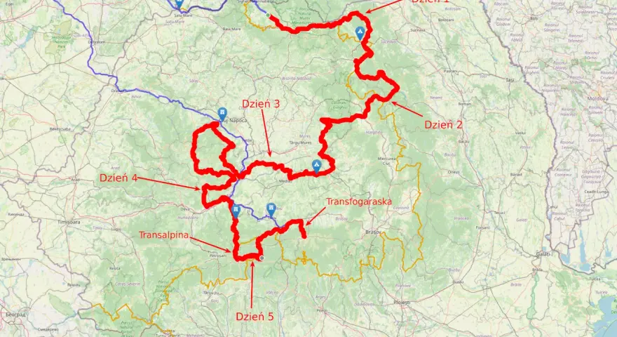 Trasa podróży po Rumunii: Dzień 1, Dzień 2, Dzień 3, Dzień 4 i Dzień 5. Widoczne drogi Transalpina i Transfogaraska.