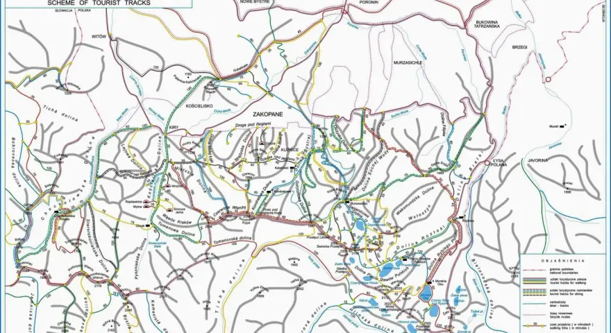 Mapa szlaków turystycznych Zakopane i okolice. Obejmuje Tatry Polskie i Słowackie, z zaznaczonymi trasami pieszymi, narciarskimi i rowerowymi.