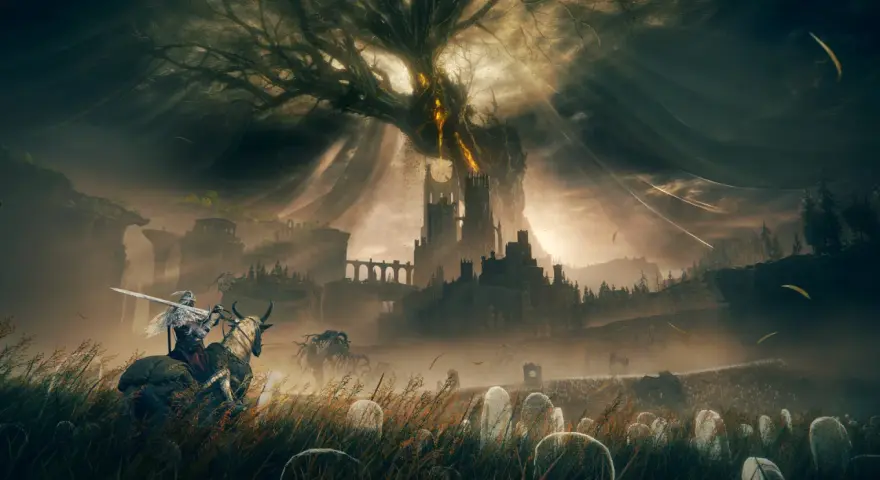 Un caballero en montura avanza por un campo de tumbas hacia un castillo sombrío bajo un árbol retorcido. El mundo de Elden Ring: Shadow of the Erdtree se revela.