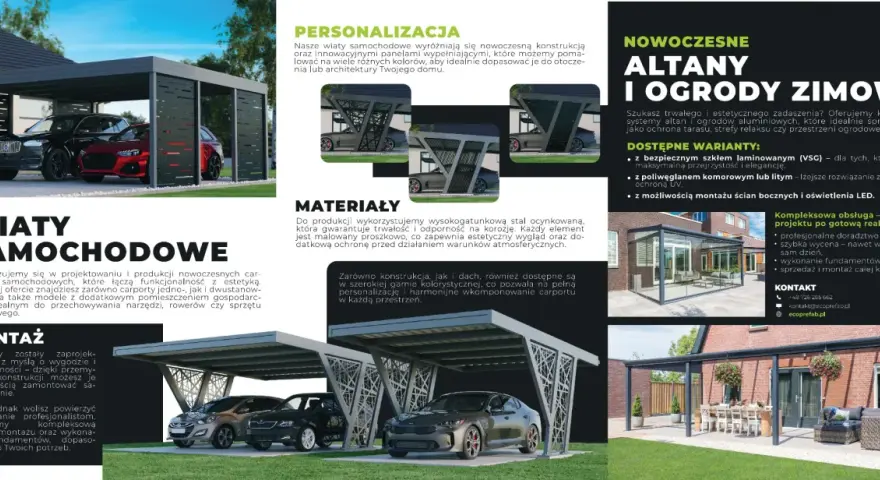 Nowoczesne wiaty samochodowe i altany ogrodowe z aluminium.