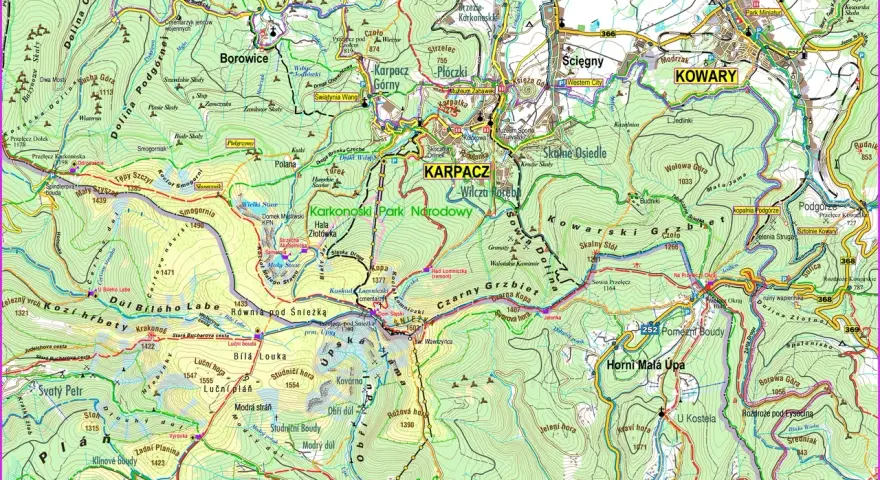 Mapa turystyczna Karkonoszy, pokazująca szlaki, schroniska i szczyty. Widać tu Karpacz, Kowary i Śnieżkę, gdzie leżą Karkonosze.