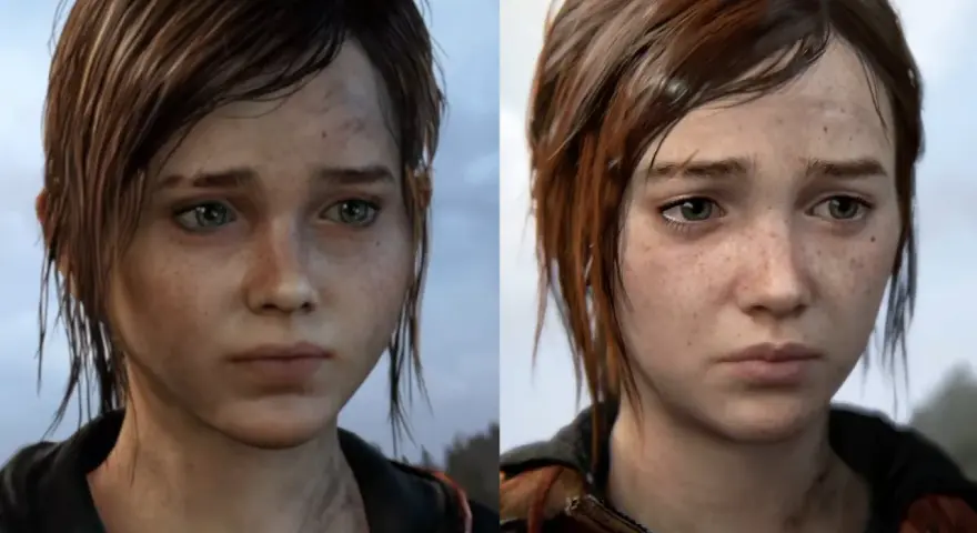 Primer plano de the last of us ellie, mostrando su rostro con pecas y ojos verdes. La imagen compara dos versiones del personaje.