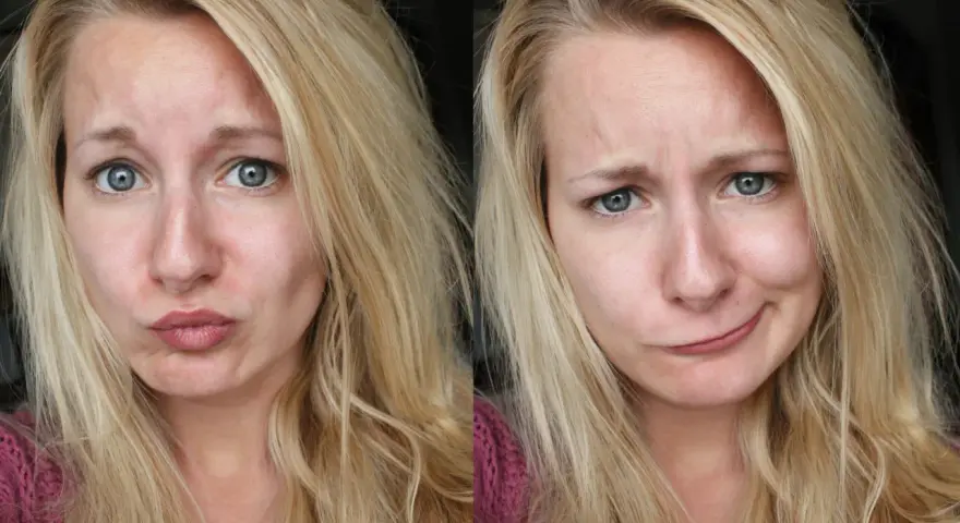 Två närbilder på en kvinna med bleka håret. Hon gör olika miner, en med uttrycket "pussmun" och en med ett snett leende.