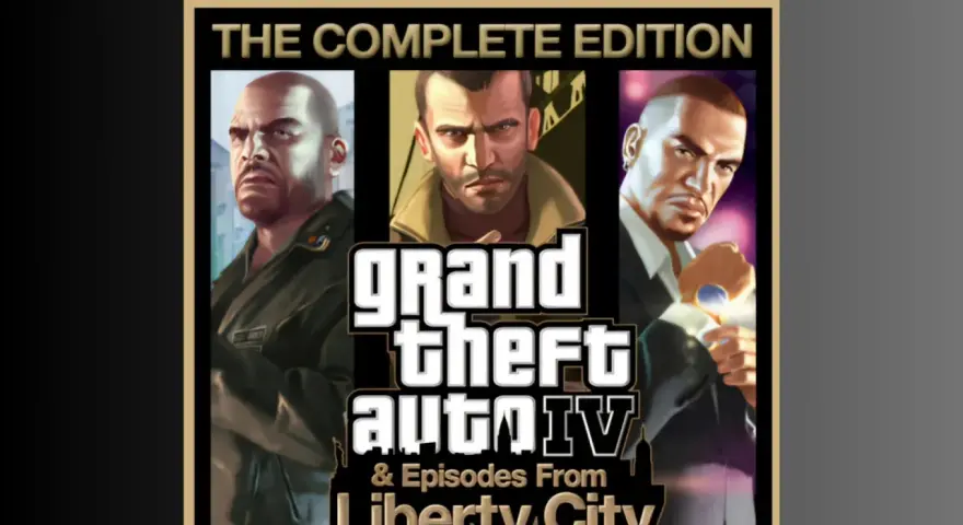 Okładka gry Grand Theft Auto IV: The Complete Edition na PS5. Trzech bohaterów, Niko, Johnny i Luis, patrzy wprost na widza.