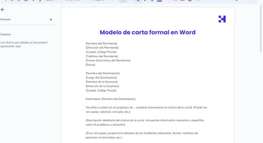 Plantilla de encabezamiento de carta formal en Word, con campos para remitente, destinatario y cuerpo del mensaje.