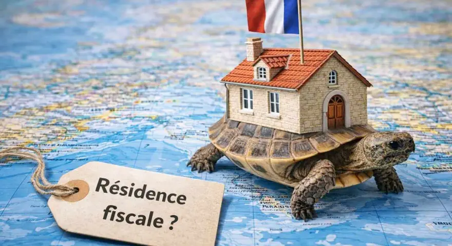Une tortue porte une maison avec un drapeau français, sur une carte du monde. Une étiquette demande : "Résidence fiscale ?".