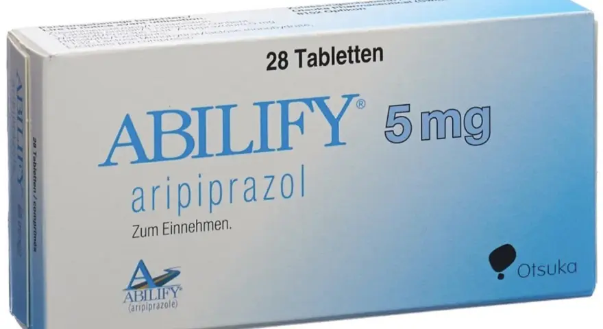 Opakowanie leku Abilify 5 mg zawierające aripiprazol, 28 tabletek do przyjmowania.
