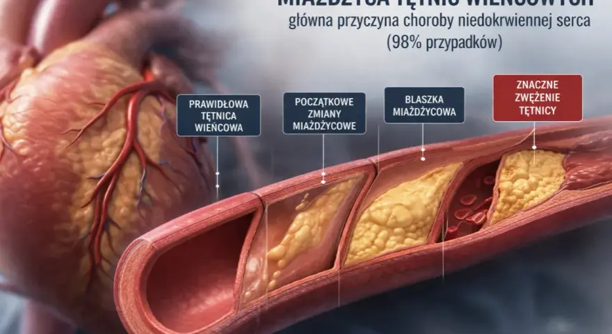 Przedstawienie rozwoju miażdżycy tętnic wieńcowych, od prawidłowej tętnicy do znacznego zwężenia, ilustrujące chorobę wieńcową.
