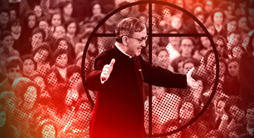 A man in clerical attire speaks to a crowd, framed by a circle and cross. This image evokes the opus dei meaning of divine work and spiritual dedication.