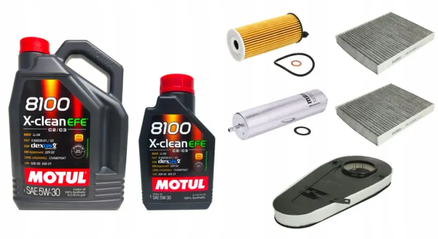 Dwa opakowania oleju Motul 8100 X-clean EFE 5W-30 oraz filtry: oleju, kabinowy i powietrza.