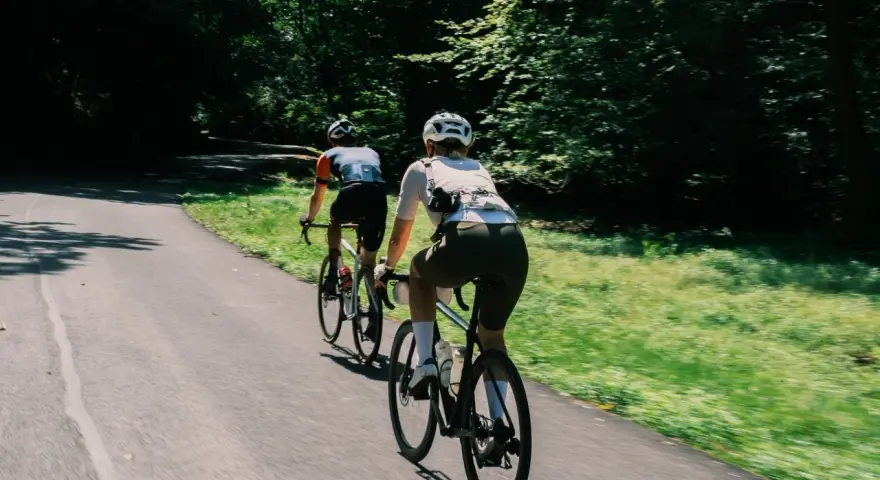 Two cyclists enjoy a scenic road biking adventure through a sun-dappled forest path.