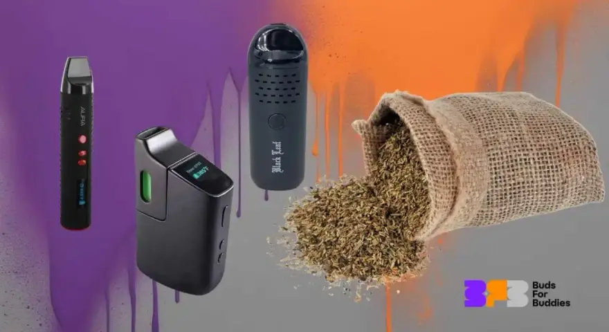 Tres vaper pequeños y una bolsa de hierbas secas, listos para disfrutar.