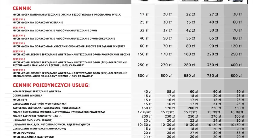Cennik usług myjni ręcznej Techcar. Sprawdź ceny na mycie, wosk, polerowanie i sprzątanie wnętrza.