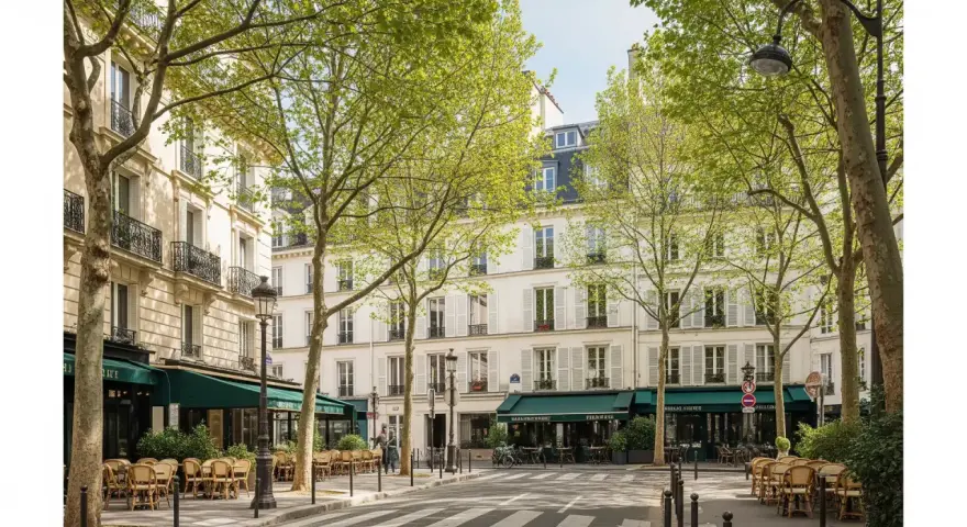Rue parisienne bordée d'arbres feuillus, immeubles haussmanniens, terrasses de café. Un décor idéal pour rêver à comment acheter un appartement.