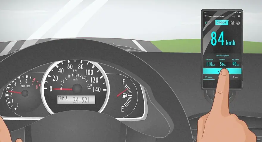 A finger touches a phone displaying a GPS speedometer showing 84 km/h, as the car's own speedometer is not working.