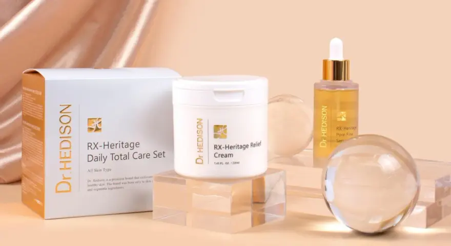 Zestaw RX-Heritage Dr. Hedison: krem, serum i kosmetyki. Idealny dla każdej cery.
