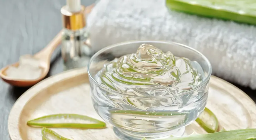Un bol de gel aloe vera, des tranches d'aloe vera et une cuillère en bois. Découvrez les bienfaits du gel aloe vera pour votre peau.