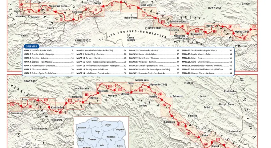 Mapa GSB trasa, pokazująca przebieg Głównego Szlaku Beskidzkiego od Ustronia do Wołosatego, z zaznaczonymi numerami etapów i miejscowościami.