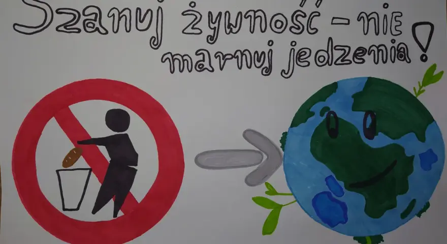 Plakat "Jak nie marnować jedzenia" pokazuje zakaz wyrzucania chleba do kosza i uśmiechniętą Ziemię z listkami.