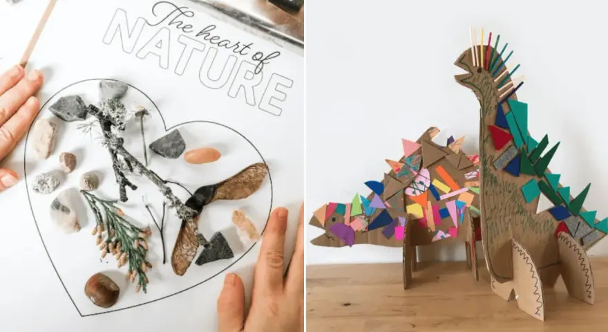 Collage infantil: un corazón con elementos de la naturaleza y un dinosaurio de cartón decorado con trozos de colores.