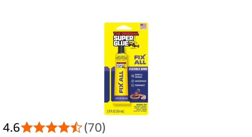 The Original Super Glue Fix All tube, promising a flexible, waterproof, and permanent bond for many materials.