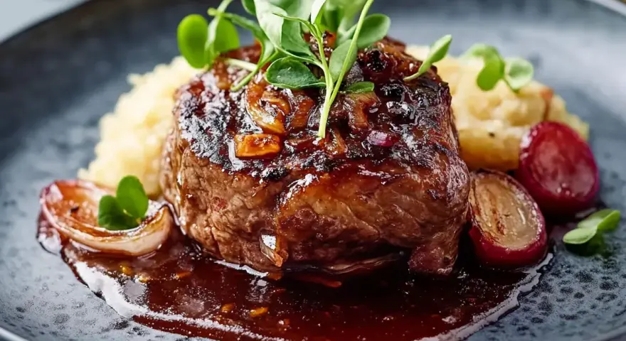 En saftig pannbiff med karamelliserad lök och en mustig sås, serverad med potatismos. Ett perfekt pannbiff recept för en lyxig middag.