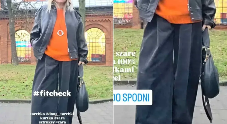 Kobieta w pomarańczowym swetrze, czarnej ramonesce i szerokich, szarych sztruksach. Stylizacja #fitcheck.