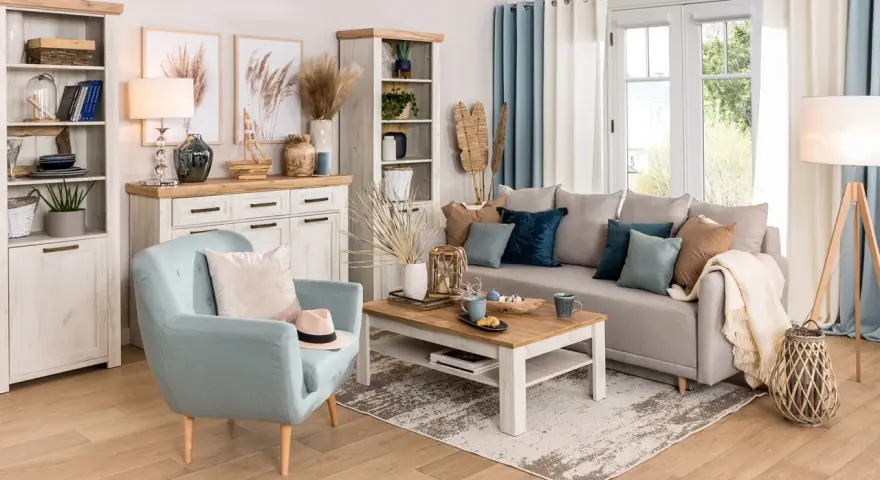 Jasny salon w stylu hampton z błękitnym fotelem, szarą kanapą i drewnianymi meblami.