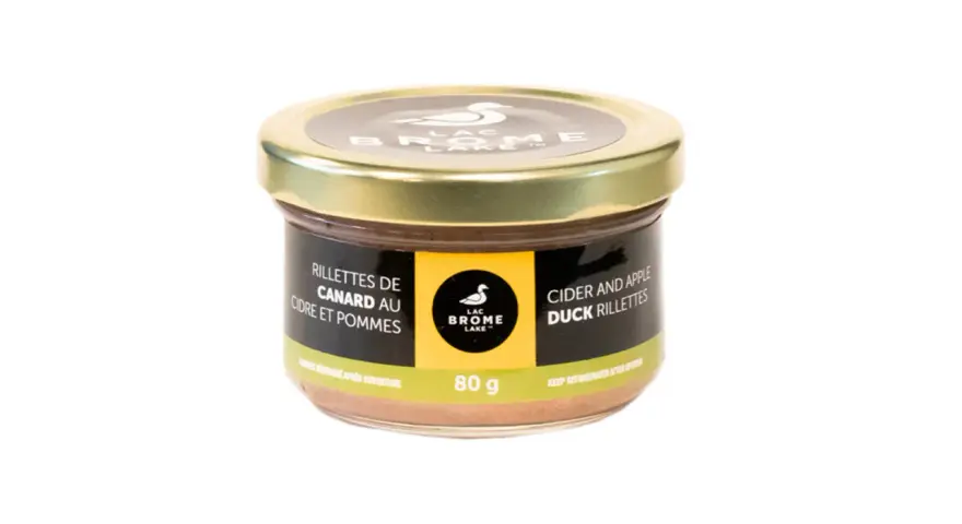 Un pot de rillettes de canard au cidre et pommes, 80g. Parfait pour un apéritif gourmand.