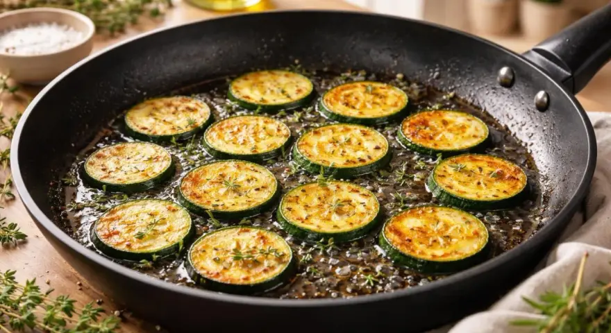 Rondes tranches de courgettes dorées à la poêle, parsemées d'herbes fraîches. Une délicieuse recette de courgette à la poêle en préparation.