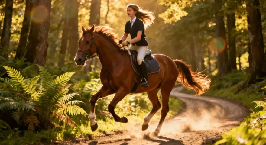 Jeune cavalière en plein galop dans une forêt baignée de soleil, un moment d'apprentissage équitation plein de grâce et de liberté.