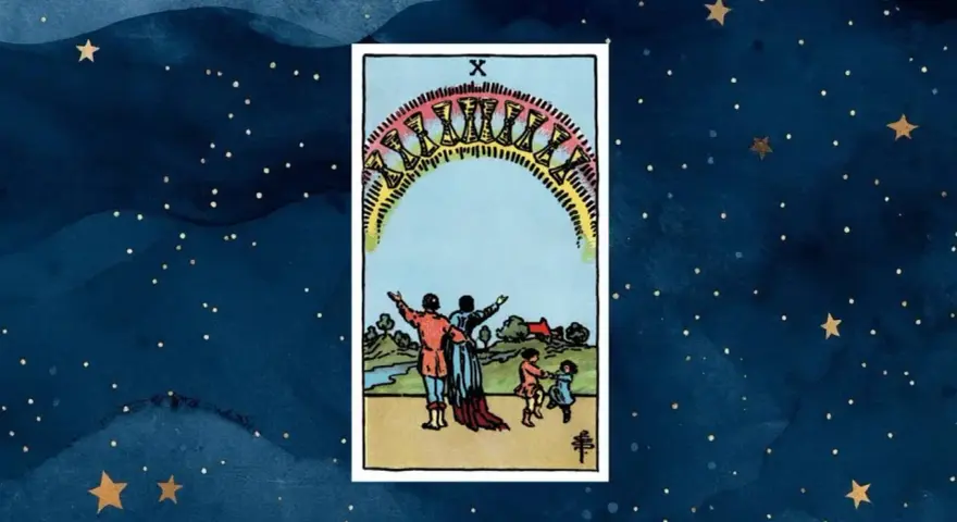 10 pucharów tarot: rodzina świętuje pod tęczowym łukiem pełnym pucharów, symbolizując spełnienie i szczęście.